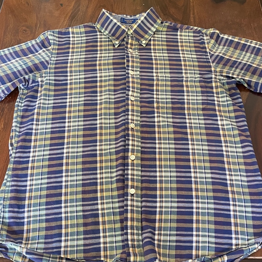 Pendleton Seaside Short Sleeve Blue, Green and Cream Plaid Button-Down Shirt